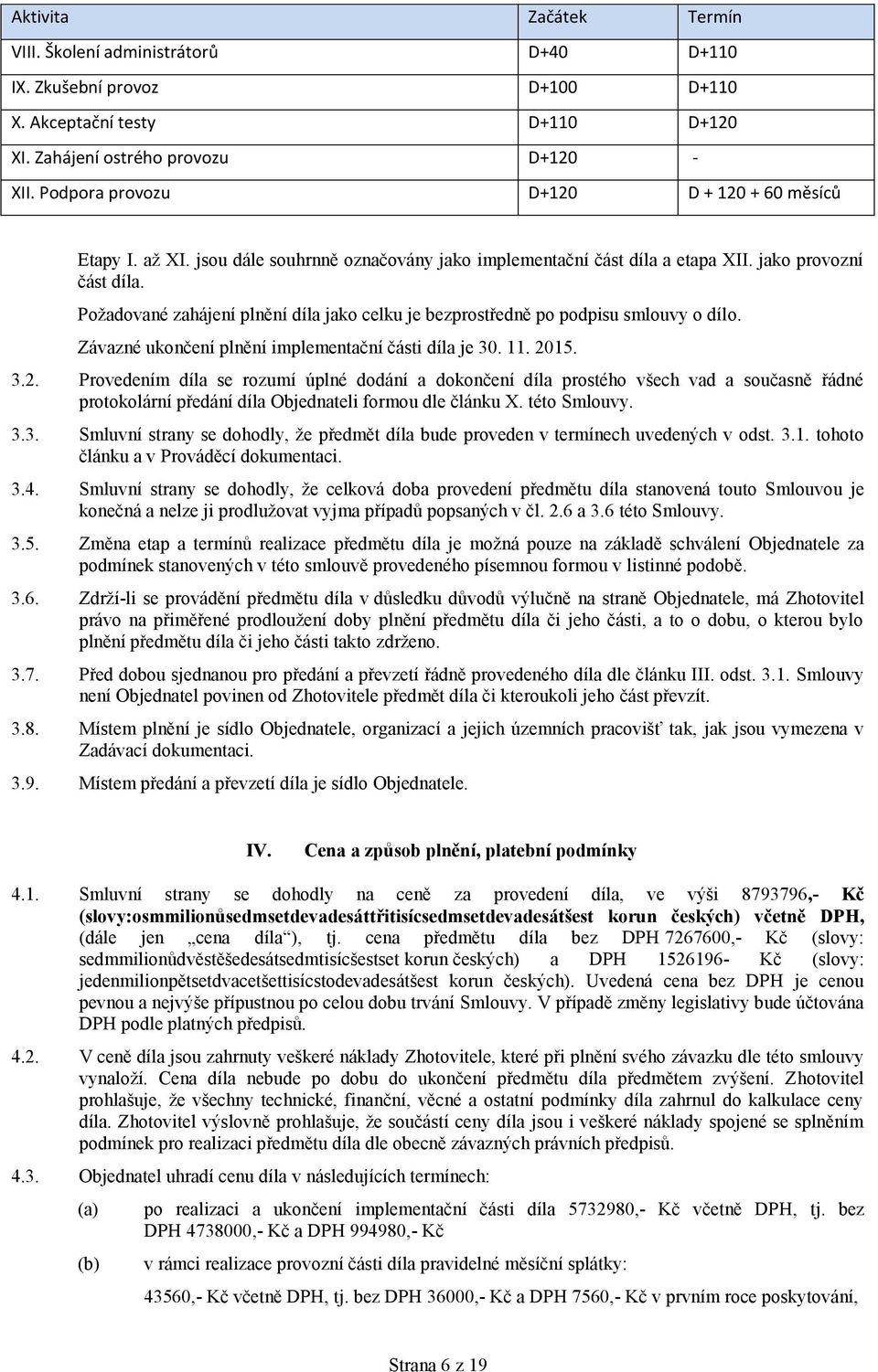 Požadované zahájení plnění díla jako celku je bezprostředně po podpisu smlouvy o dílo. Závazné ukončení plnění implementační části díla je 30. 11. 20