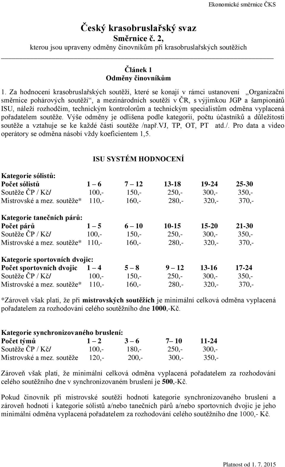 technickým kontrolorům a technickým specialistům odměna vyplacená pořadatelem soutěže.