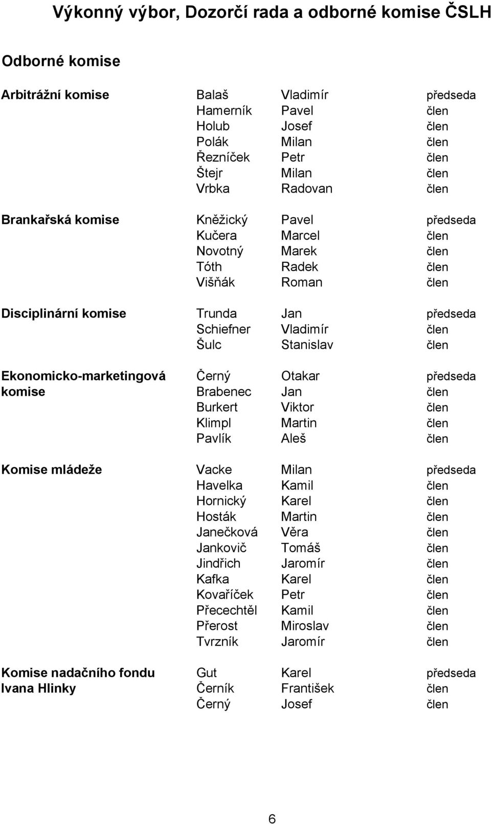 Šulc Stanislav člen Ekonomicko-marketingová Černý Otakar předseda komise Brabenec Jan člen Burkert Viktor člen Klimpl Martin člen Pavlík Aleš člen Komise mládeže Vacke Milan předseda Havelka Kamil