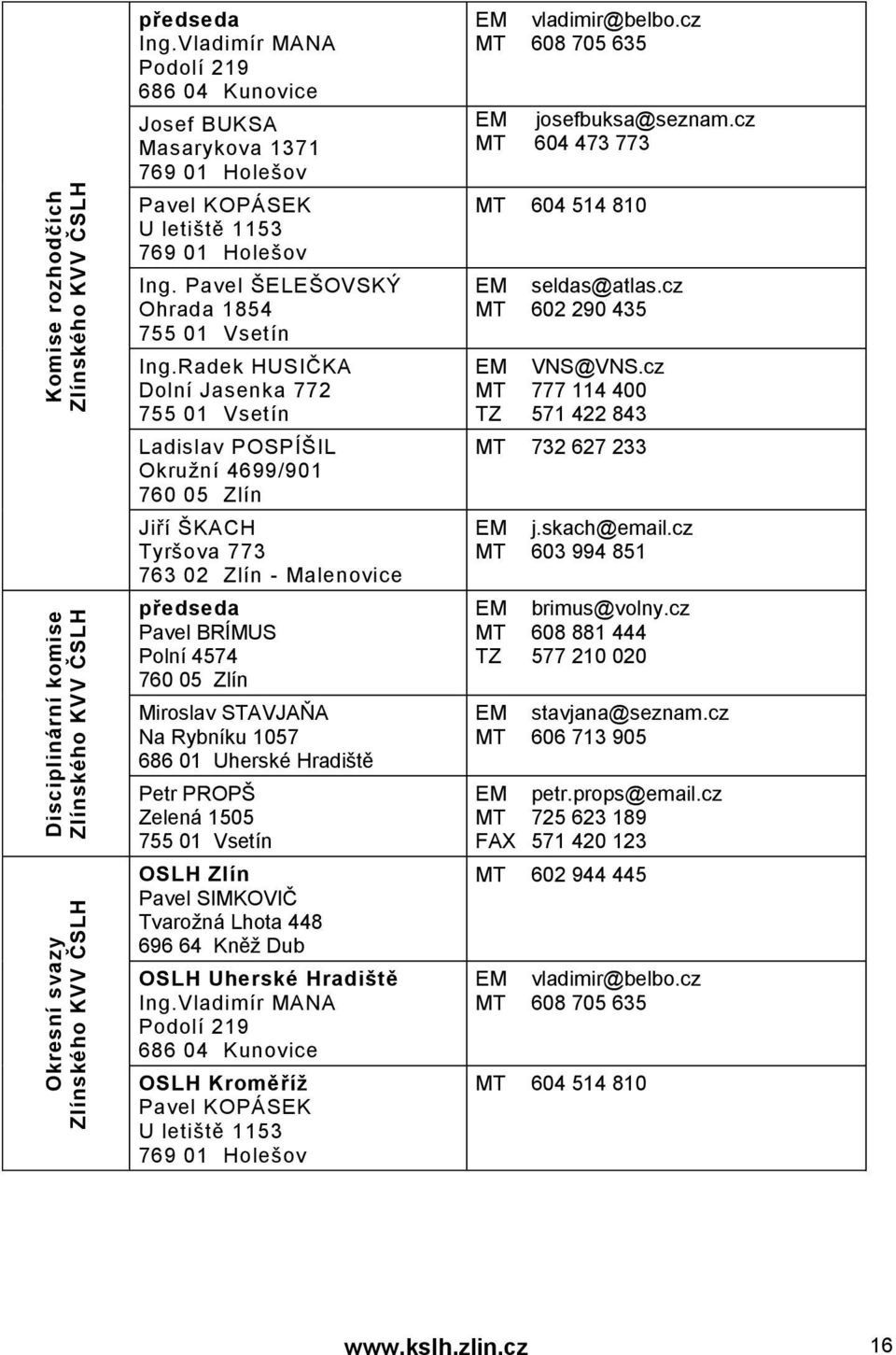 Radek HUSIČKA Dolní Jasenka 772 755 01 Vsetín Ladislav POSPÍŠIL Okružní 4699/901 760 05 Zlín Jiří ŠKACH Tyršova 773 763 02 Zlín - Malenovice předseda Pavel BRÍMUS Polní 4574 760 05 Zlín Miroslav