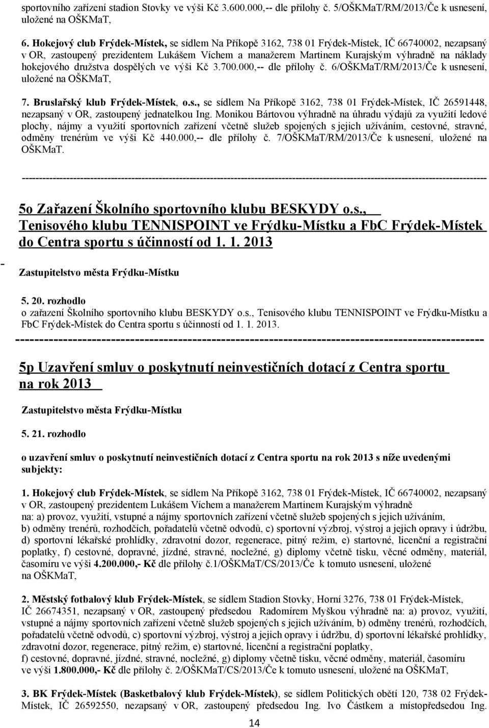 hokejového družstva dospělých ve výši Kč 3.700.000,-- dle přílohy č. 6/OŠKMaT/RM/2013/Če k usnesení, uložené na OŠKMaT, 7. Bruslařský klub Frýdek-Místek, o.s., se sídlem Na Příkopě 3162, 738 01 Frýdek-Místek, IČ 26591448, nezapsaný v OR, zastoupený jednatelkou Ing.