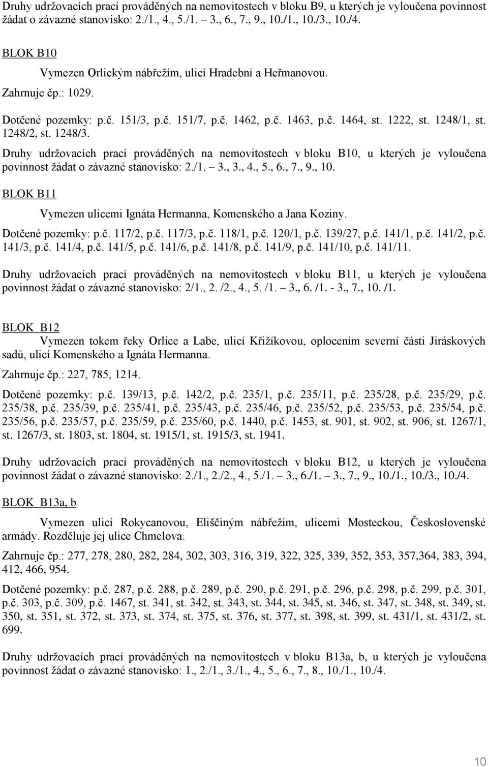 1248/3. Druhy udržovacích prací prováděných na nemovitostech v bloku B10, u kterých je vyloučena povinnost žádat o závazné stanovisko: 2./1. 3., 3., 4., 5., 6., 7., 9., 10.