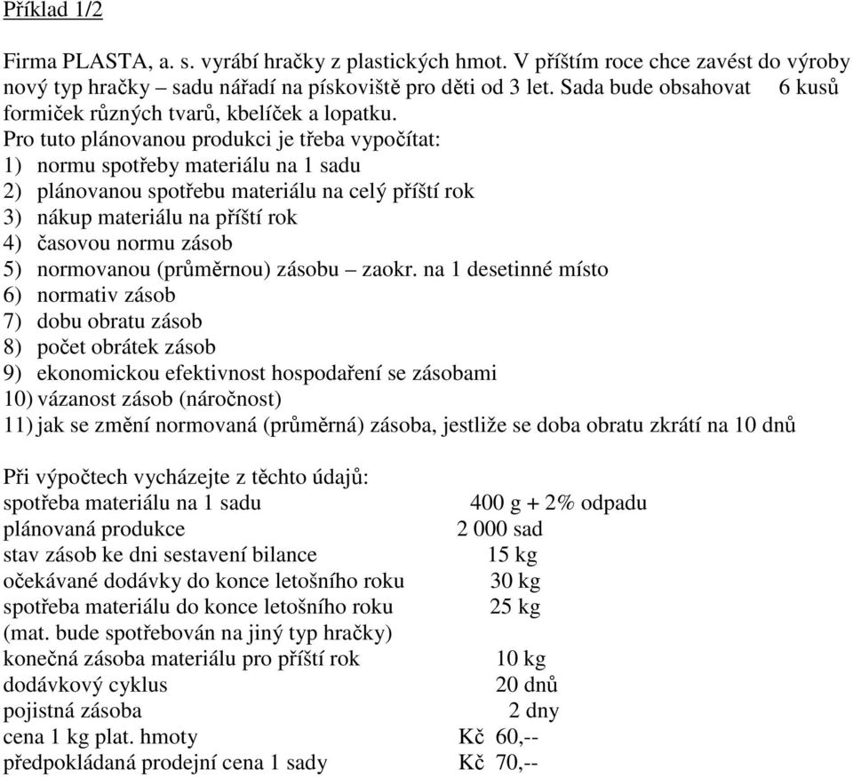 Pro tuto plánovanou produkci je třeba vypočítat: 1) normu spotřeby materiálu na 1 sadu 2) plánovanou spotřebu materiálu na celý příští rok 3) nákup materiálu na příští rok 4) časovou normu zásob 5)