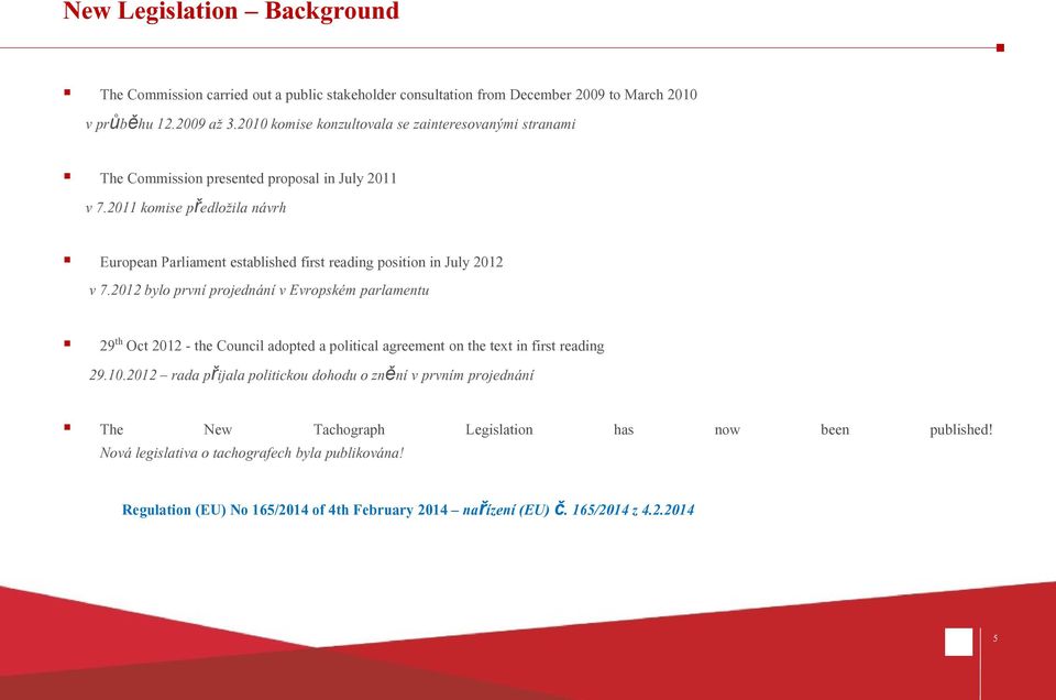 2011 komise předložila návrh European Parliament established first reading position in July 2012 v 7.