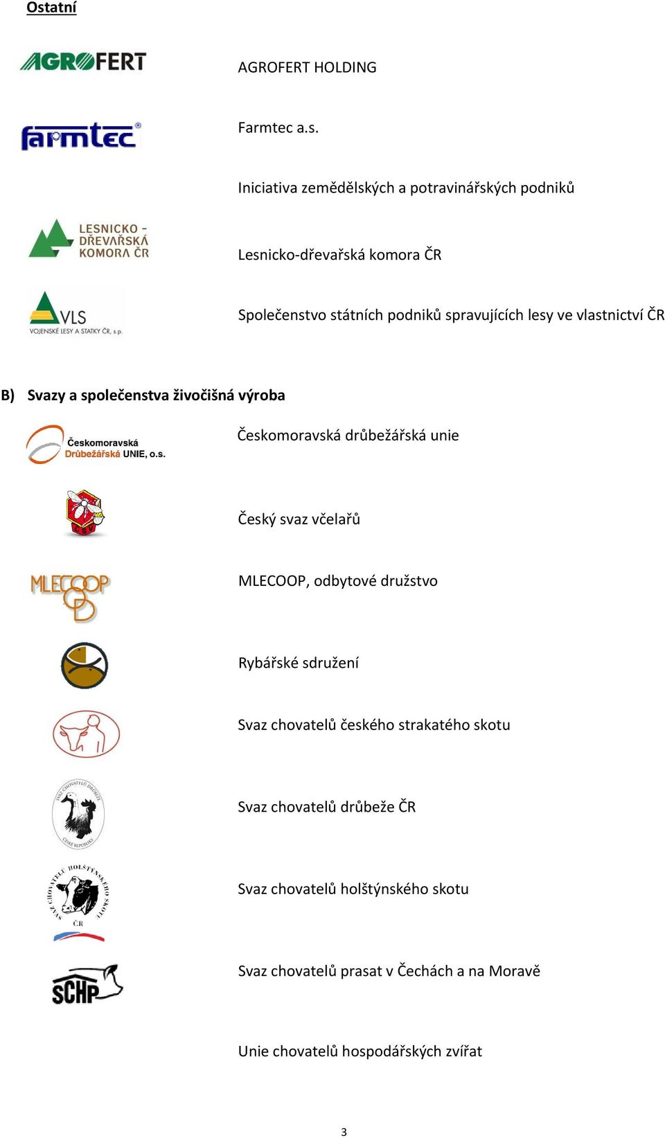 drůbežářská unie Český svaz včelařů MLECOOP, odbytové družstvo Rybářské sdružení Svaz chovatelů českého strakatého skotu