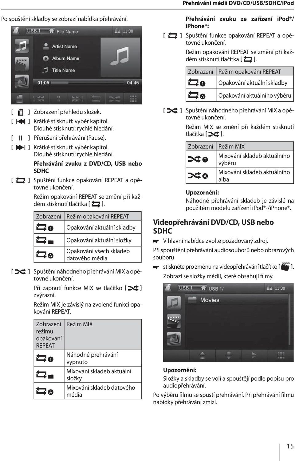 ] Krátké stisknutí: výběr kapitol. Dlouhé stisknutí: rychlé hledání. ] Přerušení přehrávání (Pause). ] Krátké stisknutí: výběr kapitol. Dlouhé stisknutí: rychlé hledání. Přehrávání zvuku z DVD/CD, USB nebo SDHC ] Spuštění funkce opakování REPEAT a opětovné ukončení.