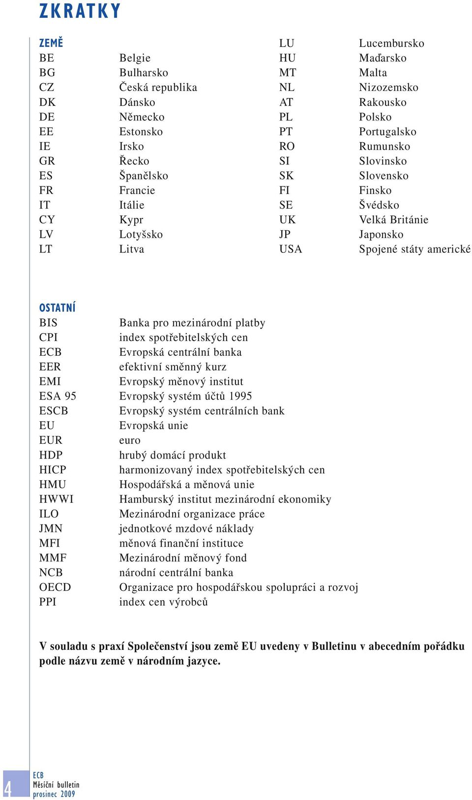 mezinárodní platby CPI index spotřebitelských cen Evropská centrální banka EER efektivní směnný kurz EMI Evropský měnový institut ESA 95 Evropský systém účtů 1995 ESCB Evropský systém centrálních
