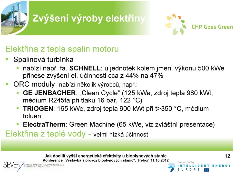 : GE JENBACHER: Clean Cycle (125 kwe, zdroj tepla 980 kwt, médium R245fa při tlaku 16 bar, 122 C) TRIOGEN: 165 kwe, zdroj