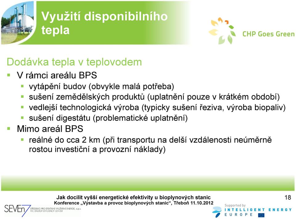 výroba (typicky sušení řeziva, výroba biopaliv) sušení digestátu (problematické uplatnění) Mimo areál