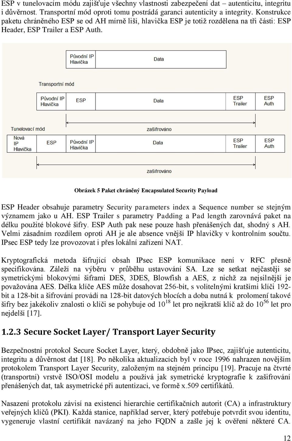 Obrázek 5 Paket chráněný Encapsulated Security Payload ESP Header obsahuje parametry Security parameters index a Sequence number se stejným významem jako u AH.