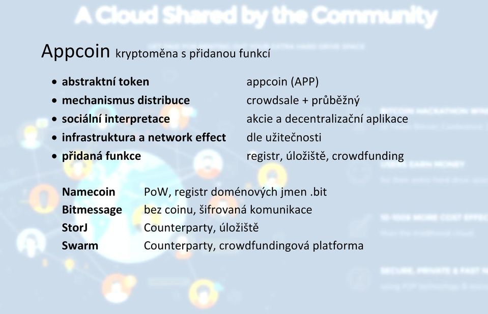 aplikace dle užitečnosti registr, úložiště, crowdfunding Namecoin Bitmessage StorJ Swarm PoW, registr