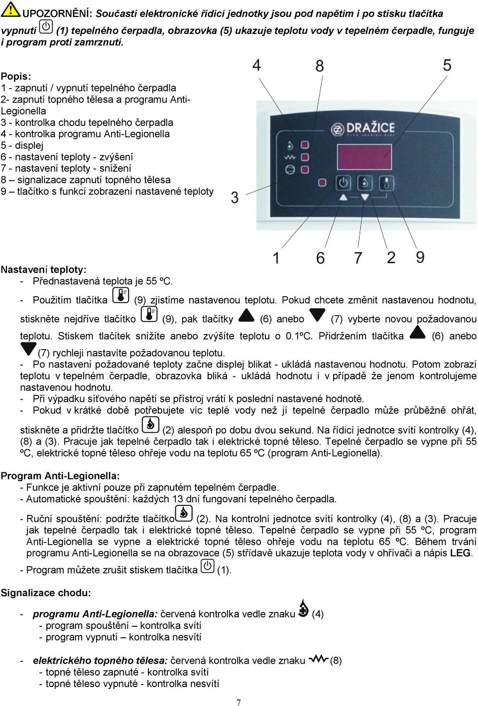 Popis: 1 - zapnutí / vypnutí tepelného čerpadla 2- zapnutí topného tělesa a programu Anti- Legionella 3 - kontrolka chodu tepelného čerpadla 4 - kontrolka programu Anti-Legionella 5 - displej 6 -