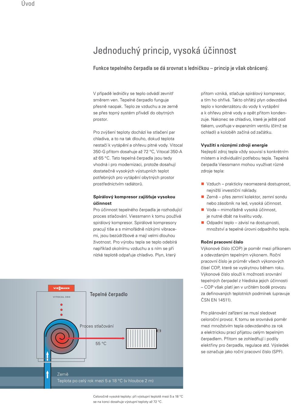Pro zvýšení teploty dochází ke stlačení par chladiva, a to na tak dlouho, dokud teplota nestačí k vytápění a ohřevu pitné vody. Vitocal 350-G přitom dosahuje až 72 C, Vitocal 350-A až 65 C.