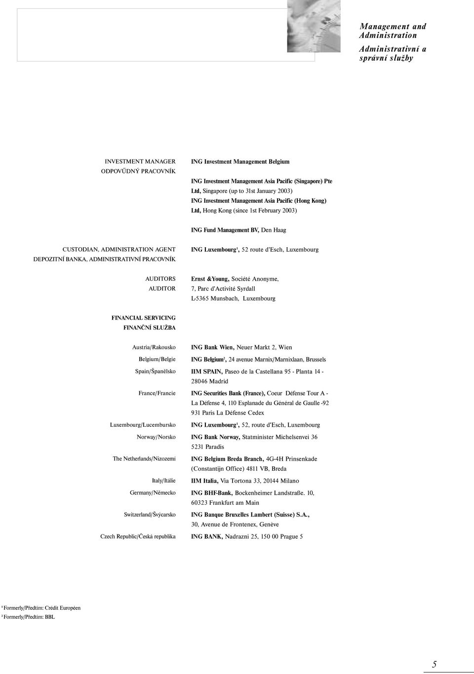 BANKA, ADMINISTRATIVNÍ PRACOVNÍK ING Luxembourg 1, 52 route d'esch, Luxembourg AUDITORS AUDITOR Ernst &Young, Société Anonyme, 7, Parc d'activité Syrdall L5365 Munsbach, Luxembourg FINANCIAL