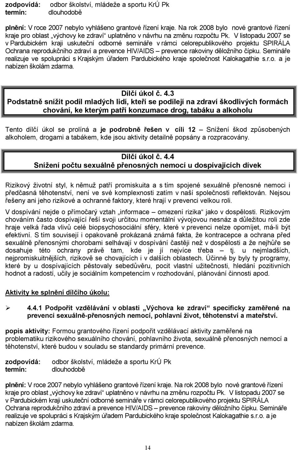 V listopadu 2007 se v Pardubickém kraji uskuteční odborné semináře v rámci celorepublikového projektu SPIRÁLA Ochrana reprodukčního zdraví a prevence HIV/AIDS prevence rakoviny děložního čípku.