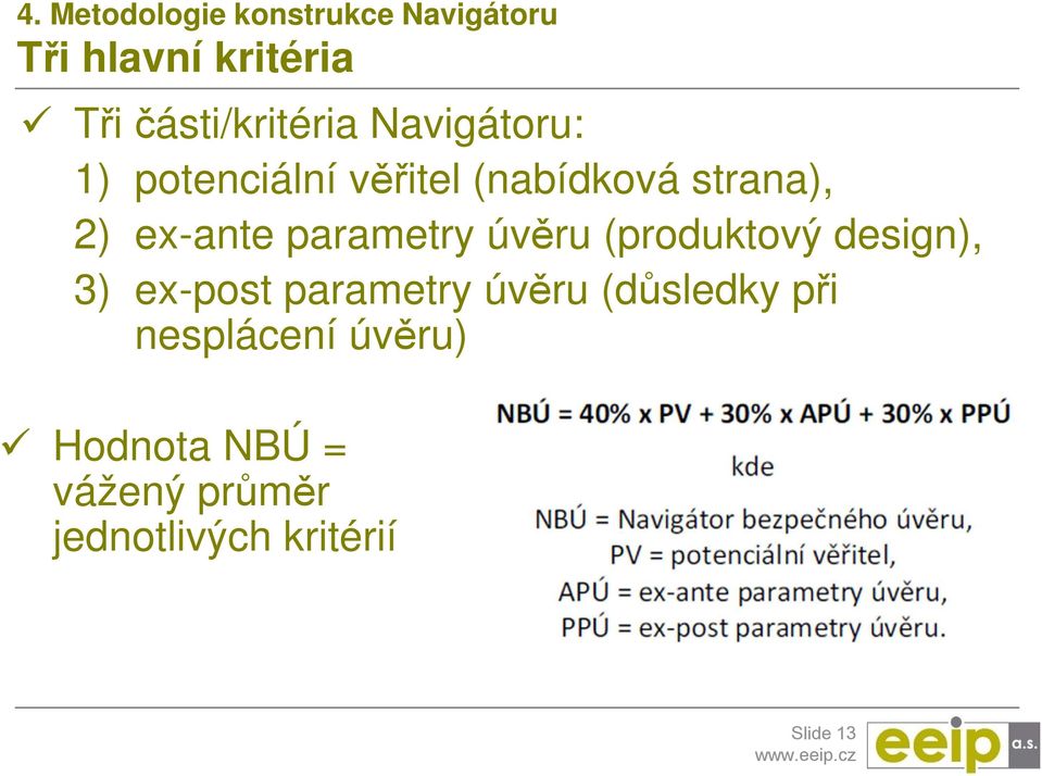 ex-ante parametry úvěru (produktový design), 3) ex-post parametry úvěru