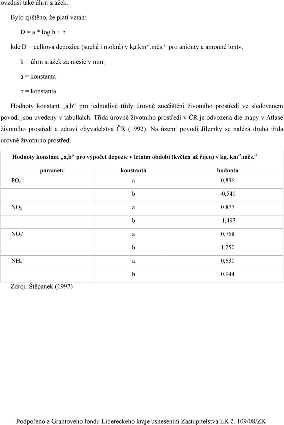 uvedeny v tabulkách. Třída úrovně životního prostředí v ČR je odvozena dle mapy v Atlase životního prostředí a zdraví obyvatelstva ČR (1992).