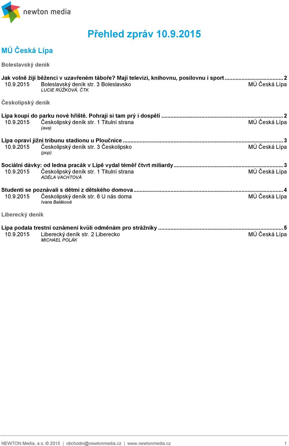 1 Titulní strana MÚ Česká Lípa (ava) Lípa opraví jižní tribunu stadionu u Ploučnice... 3 10.9.2015 Českolipský deník str.