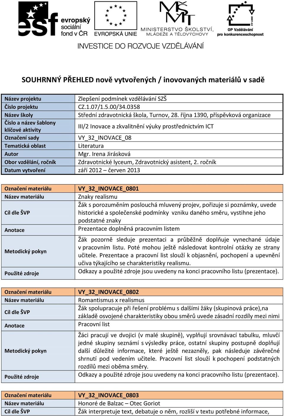 října 1390, příspěvková organizace Číslo a název šablony klíčové aktivity III/2 Inovace a zkvalitnění výuky prostřednictvím ICT Označení sady VY_32_INOVACE_08 Tematická oblast Literatura Autor Mgr.