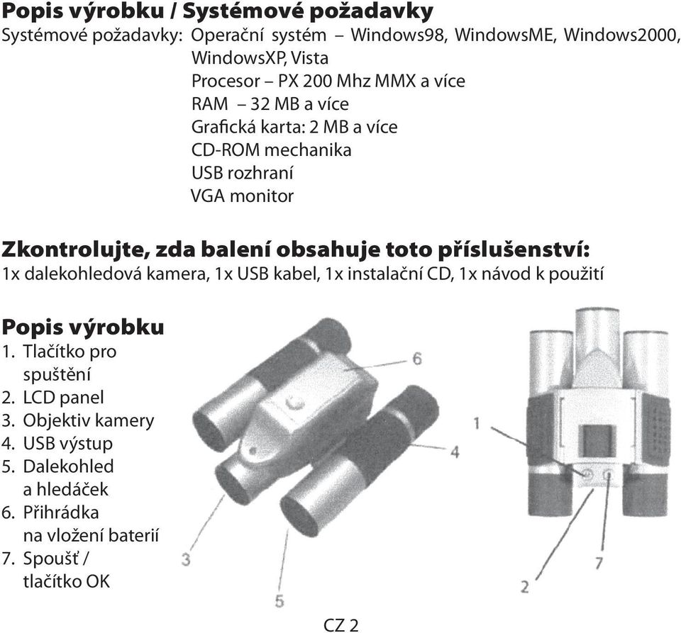 obsahuje toto příslušenství: 1x dalekohledová kamera, 1x USB kabel, 1x instalační CD, 1x návod k použití Popis výrobku 1.