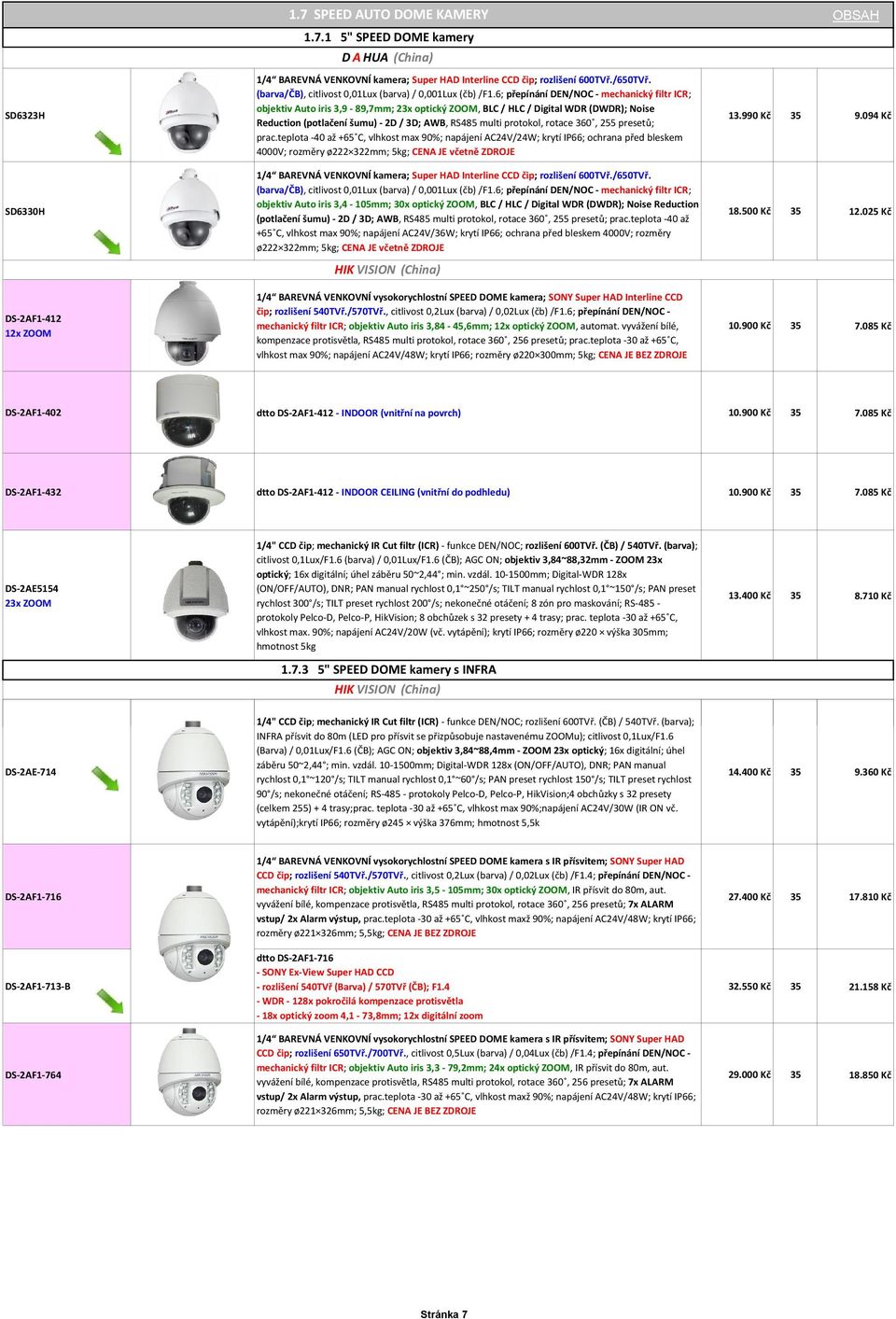 6; přepínání DEN/NOC - mechanický filtr ICR; objektiv Auto iris 3,9-89,7mm; 23x optický ZOOM, BLC / HLC / Digital WDR (DWDR); Noise Reduction (potlačení šumu) - 2D / 3D; AWB, RS485 multi protokol,