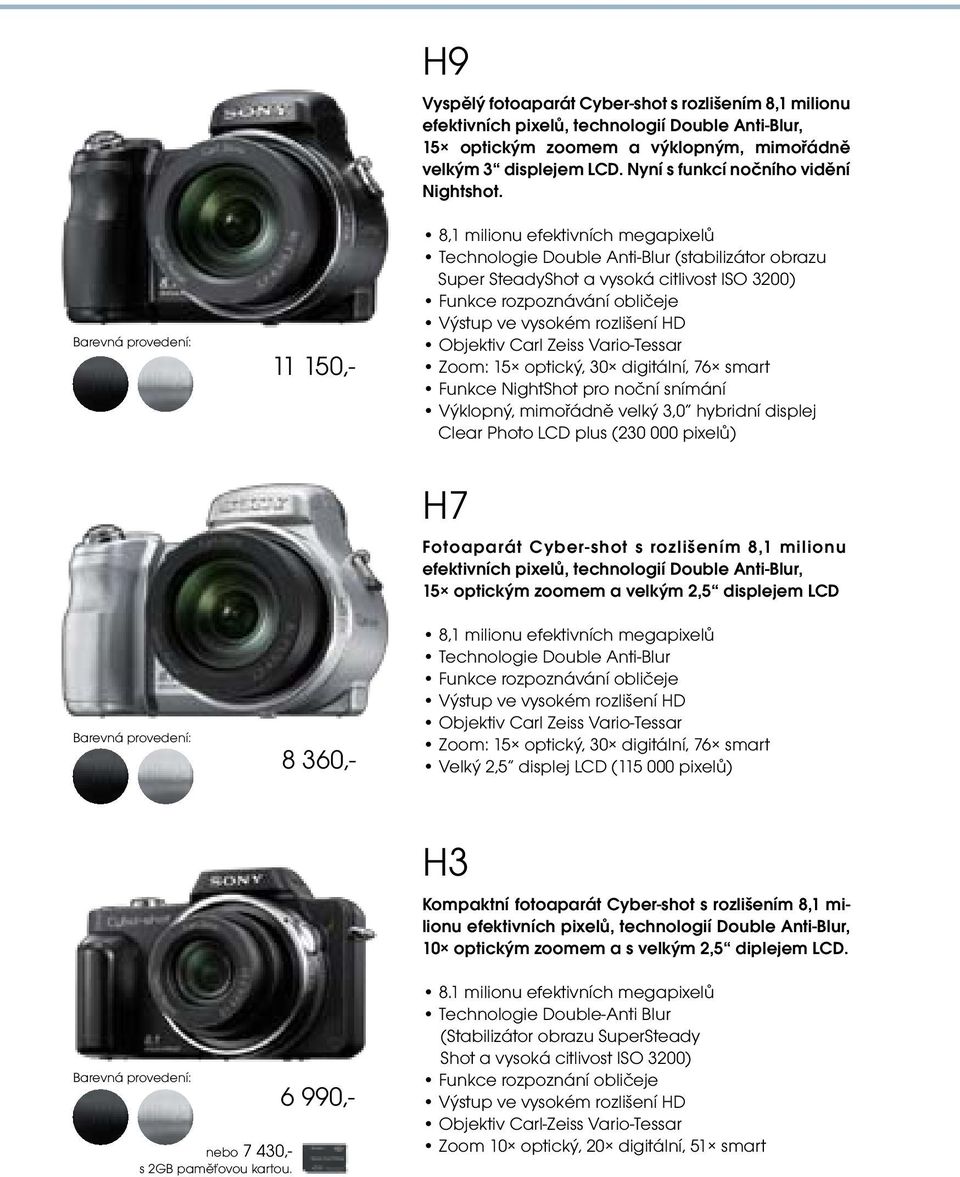 8,1 milionu efektivních megapixelů Technologie Double Anti-Blur (stabilizátor obrazu Super SteadyShot a vysoká citlivost ISO 3200) Funkce rozpoznávání obličeje Výstup ve vysokém rozlišení HD Objektiv