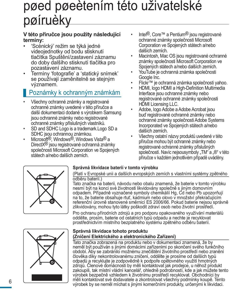 Poznámky k ochranným známkám Všechny ochranné známky a registrované ochranné známky uvedené v této příručce a další dokumentaci dodané s výrobkem Samsung jsou ochranné známky nebo registrované