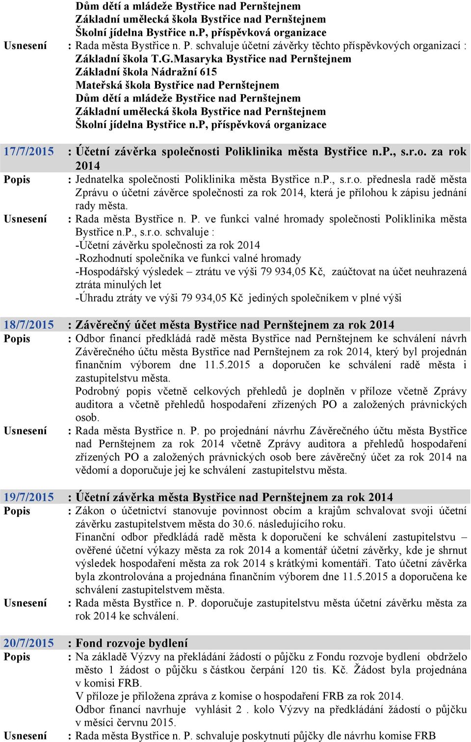 Školní jídelna Bystřice n.p, příspěvková organizace 17/7/2015 : Účetní závěrka společnosti Poliklinika města Bystřice n.p., s.r.o. za rok 2014 Popis : Jednatelka společnosti Poliklinika města Bystřice n.