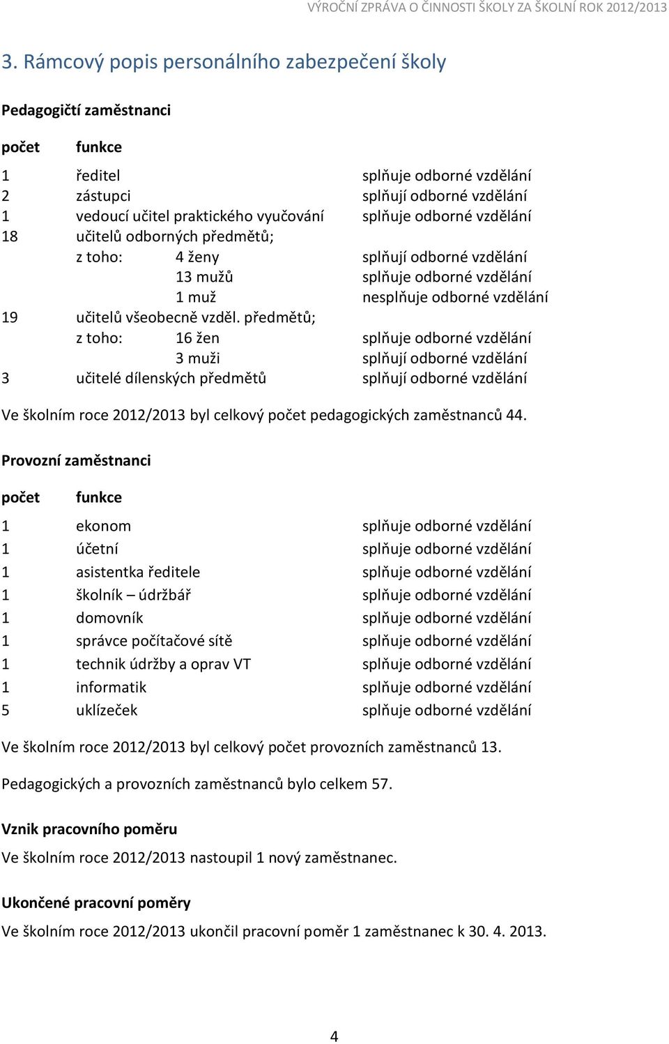 předmětů; z toho: 16 žen splňuje odborné vzdělání 3 muži splňují odborné vzdělání 3 učitelé dílenských předmětů splňují odborné vzdělání Ve školním roce 2012/2013 byl celkový počet pedagogických