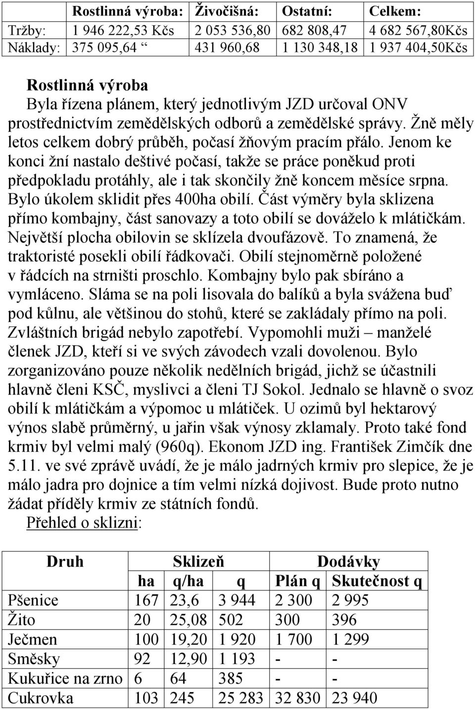 Jenom ke konci žní nastalo deštivé počasí, takže se práce poněkud proti předpokladu protáhly, ale i tak skončily žně koncem měsíce srpna. Bylo úkolem sklidit přes 400ha obilí.