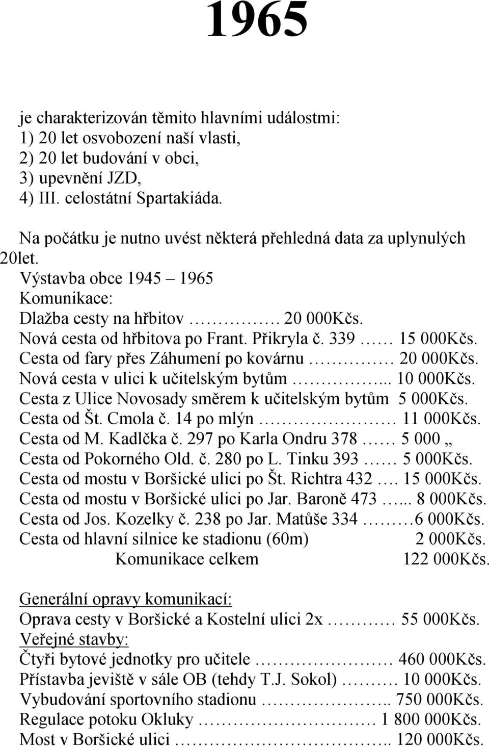 339 15 000Kčs. Cesta od fary přes Záhumení po kovárnu 20 000Kčs. Nová cesta v ulici k učitelským bytům... 10 000Kčs. Cesta z Ulice Novosady směrem k učitelským bytům 5 000Kčs. Cesta od Št. Cmola č.