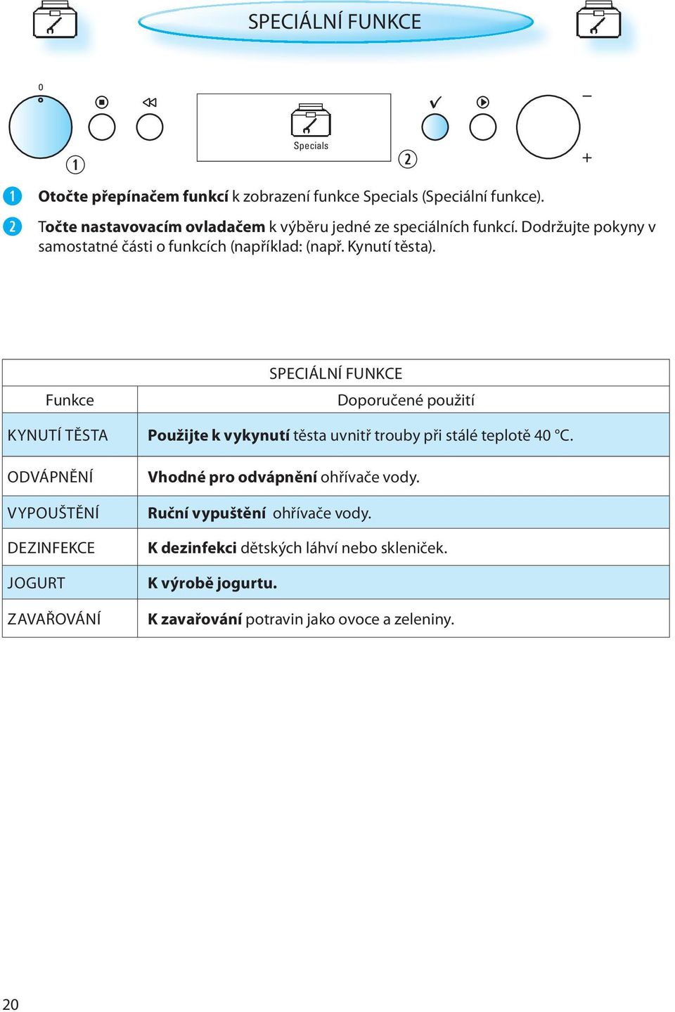 Funkce KYNUTÍ TĚSTA ODVÁPNĚNÍ VYPOUŠTĚNÍ DEZINFEKCE JOGURT ZAVAŘOVÁNÍ SPECIÁLNÍ FUNKCE Doporučené použití Použijte k vykynutí těsta uvnitř trouby