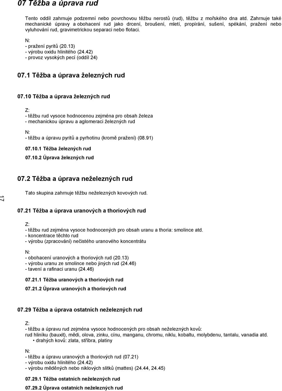 13) - výrobu oxidu hlinitého (24.42) - provoz vysokých pecí (oddíl 24) 07.1 Těžba a úprava železných rud 07.