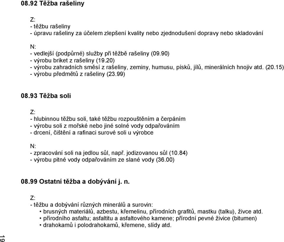 93 Těžba soli - hlubinnou těžbu soli, také těžbu rozpouštěním a čerpáním - výrobu soli z mořské nebo jiné solné vody odpařováním - drcení, čištění a rafinaci surové soli u výrobce - zpracování soli