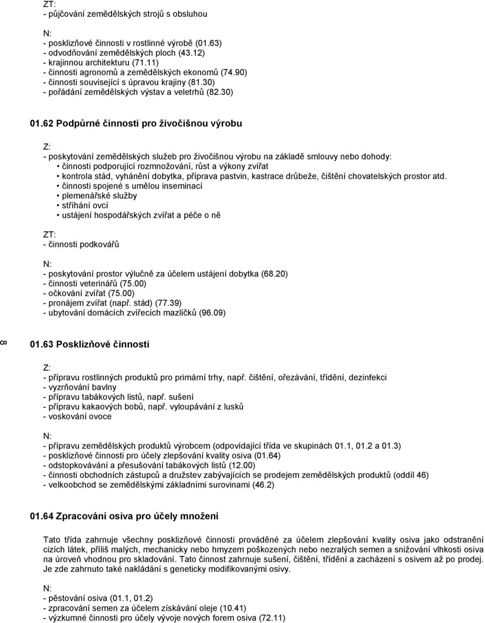 62 Podpůrné činnosti pro živočišnou výrobu - poskytování zemědělských služeb pro živočišnou výrobu na základě smlouvy nebo dohody: činnosti podporující rozmnožování, růst a výkony zvířat kontrola