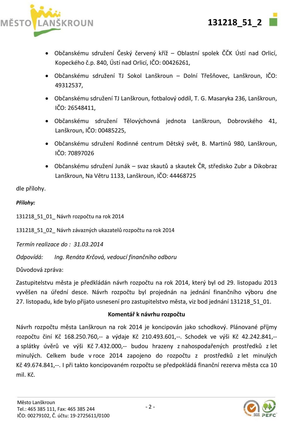 ckého č.p. 840, Ústí nad Orlicí, IČO: 00426261, Občanskému sdružení TJ Sokol Lanškroun Dolní Třešňovec, Lanškroun, IČO: 49312537, Občanskému sdružení TJ Lanškroun, fotbalový oddíl, T. G.