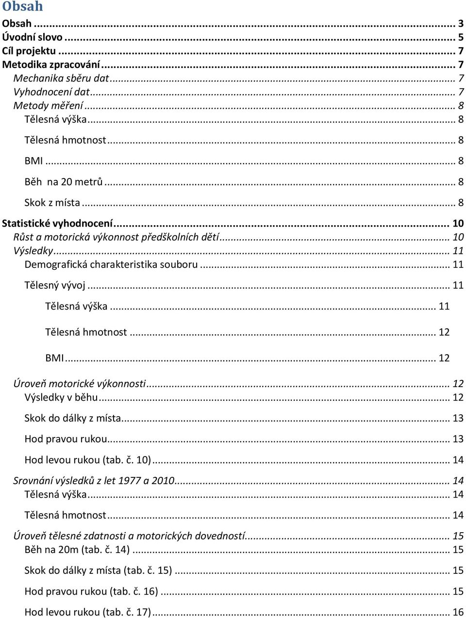 .. 11 Tělesná výška... 11 Tělesná hmotnost... 12 BMI... 12 Úroveň motorické výkonnosti... 12 Výsledky v běhu... 12 Skok do dálky z místa... 13 Hod pravou rukou... 13 Hod levou rukou (tab. č. 10).
