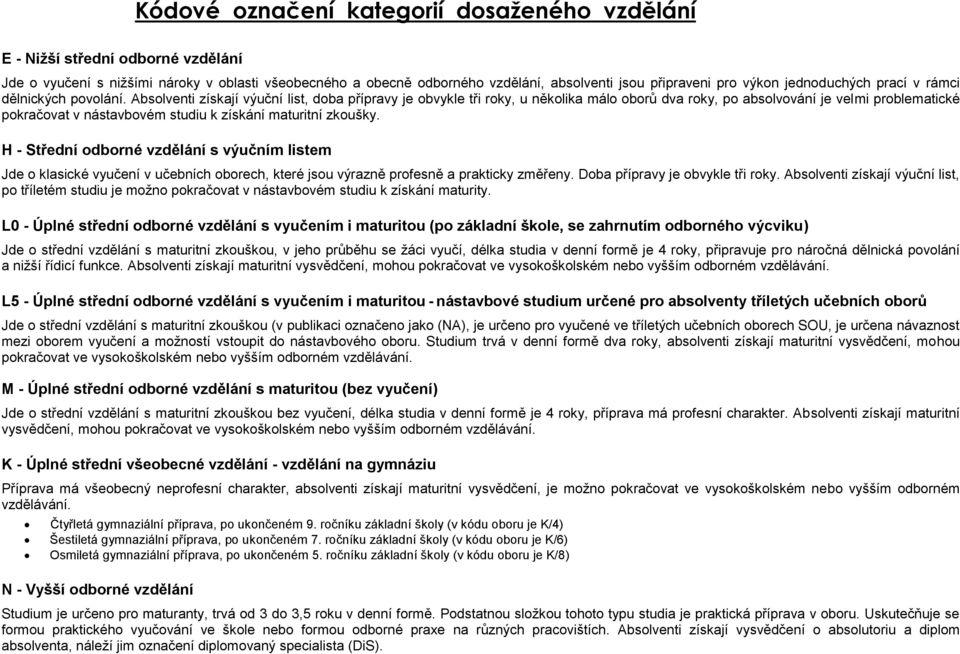 Absolventi získají výuční list, doba přípravy je obvykle tři roky, u několika málo oborů dva roky, po absolvování je velmi problematické pokračovat v nástavbovém studiu k získání maturitní zkoušky.