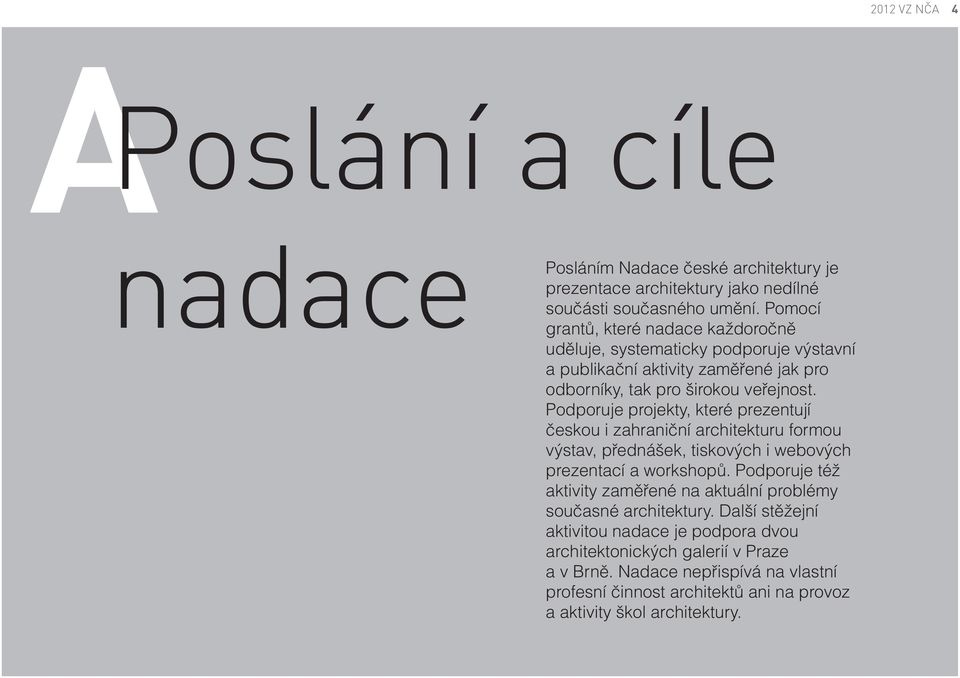 Podporuje projekty, které prezentují českou i zahraniční architekturu formou výstav, přednášek, tiskových i webových prezentací a workshopů.