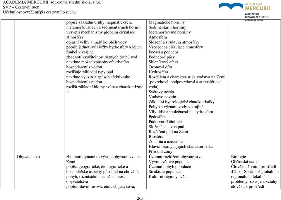 hospodaření s půdou rozliší základní biomy světa a charakterizuje je zhodnotí dynamiku vývoje obyvatelstva na Zemi popíše geografické, demografické a hospodářské aspekty působící na chování, pohyb,