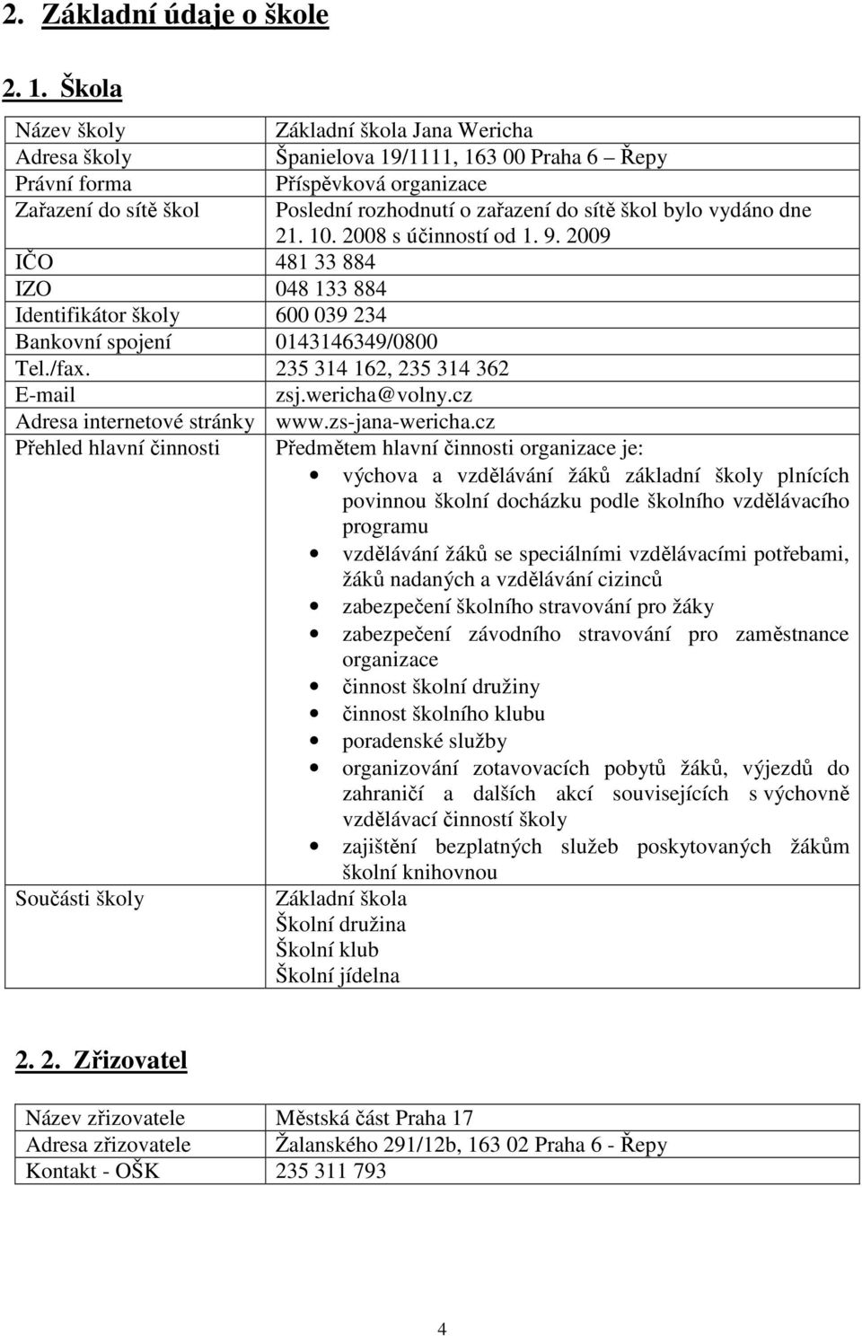 cz Přehled hlavní činnosti Součásti školy Základní škola Jana Wericha Španielova 19/1111, 163 00 Praha 6 Řepy Příspěvková organizace Poslední rozhodnutí o zařazení do sítě škol bylo vydáno dne 21. 10.