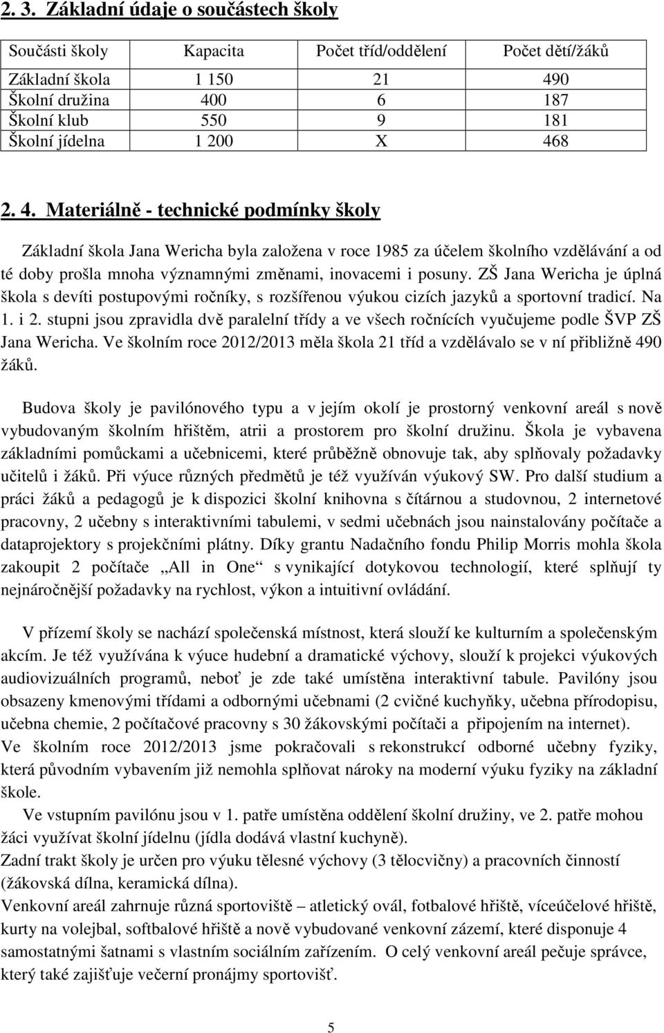 ZŠ Jana Wericha je úplná škola s devíti postupovými ročníky, s rozšířenou výukou cizích jazyků a sportovní tradicí. Na 1. i 2.