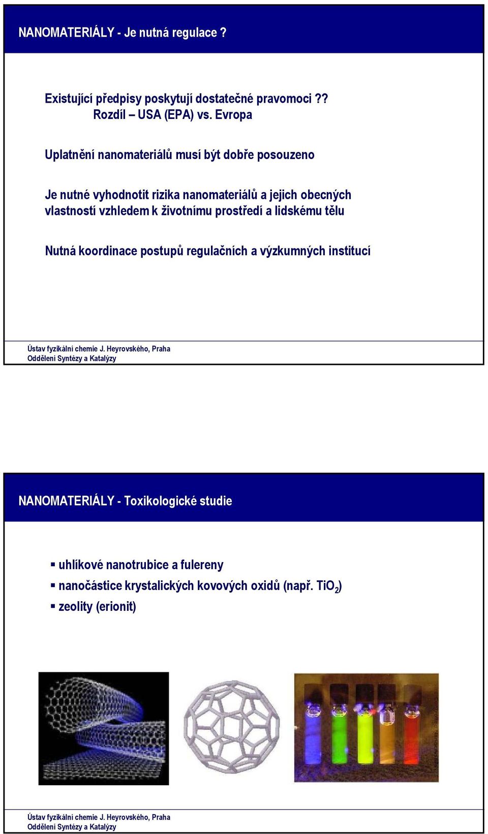 vlastností vzhledem k životnímu prostředí a lidskému tělu Nutná koordinace postupů regulačních a výzkumných institucí