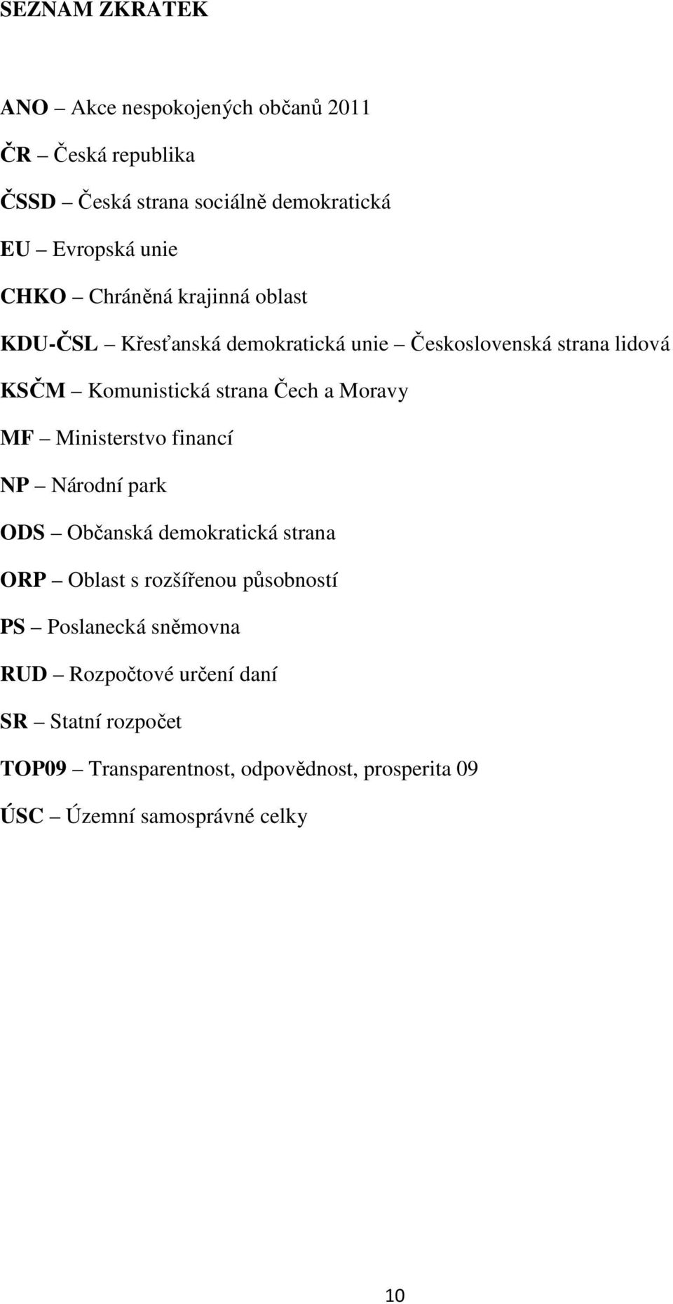 Moravy MF Ministerstvo financí NP Národní park ODS Občanská demokratická strana ORP Oblast s rozšířenou působností PS Poslanecká