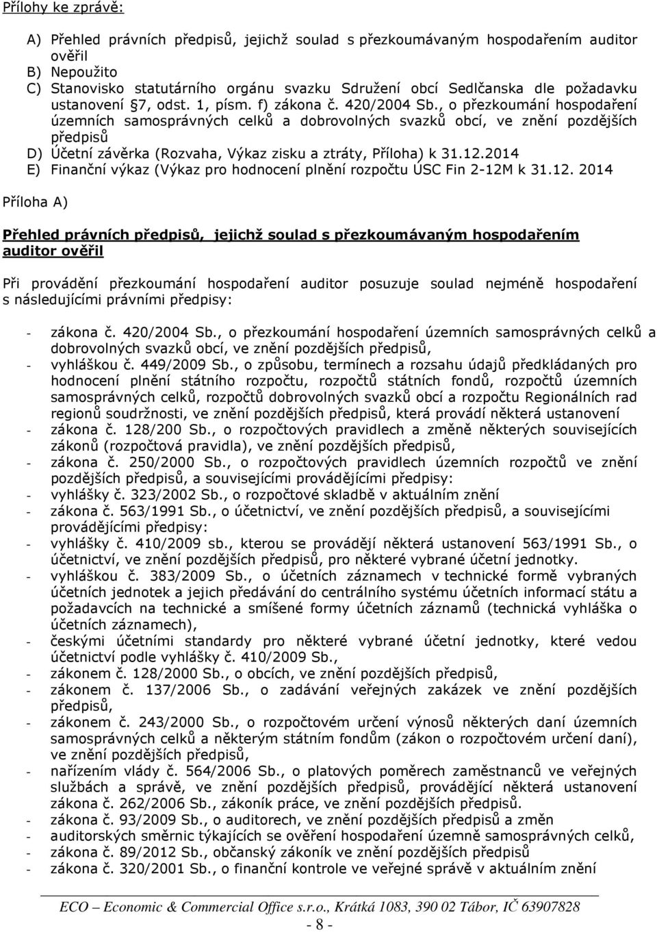 , o přezkoumání hospodaření územních samosprávných celků a dobrovolných svazků obcí, ve znění pozdějších předpisů D) Účetní závěrka (Rozvaha, Výkaz zisku a ztráty, Příloha) k 31.12.