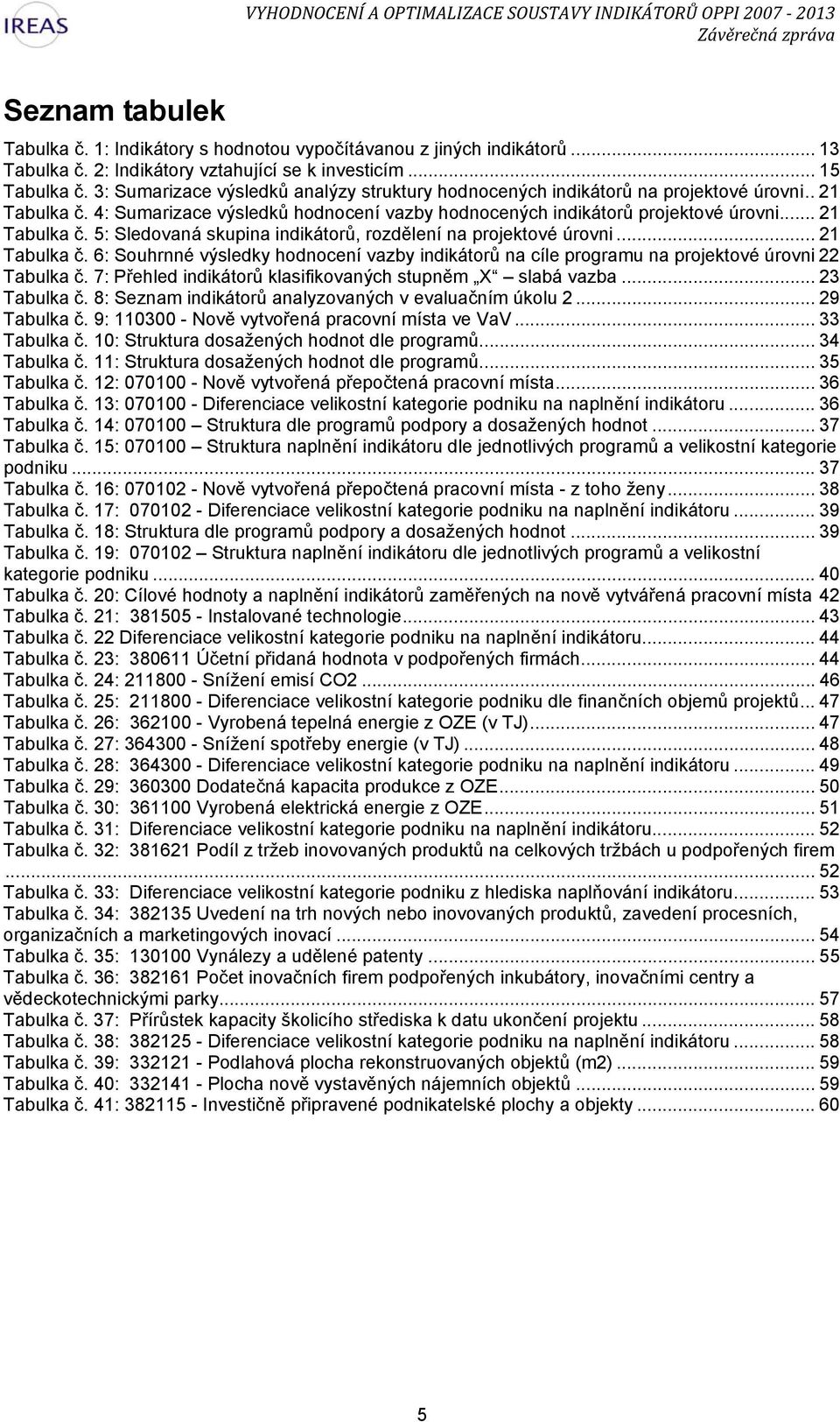 .. 21 Tabulka č. 6: Souhrnné výsledky hodnocení vazby indikátorů na cíle programu na projektové úrovni 22 Tabulka č. 7: Přehled indikátorů klasifikovaných stupněm X slabá vazba... 23 Tabulka č.