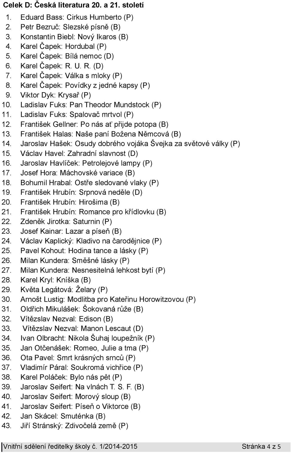 Ladislav Fuks: Pan Theodor Mundstock (P) 11. Ladislav Fuks: Spalovač mrtvol (P) 12. František Gellner: Po nás ať přijde potopa (B) 13. František Halas: Naše paní Božena Němcová (B) 14.