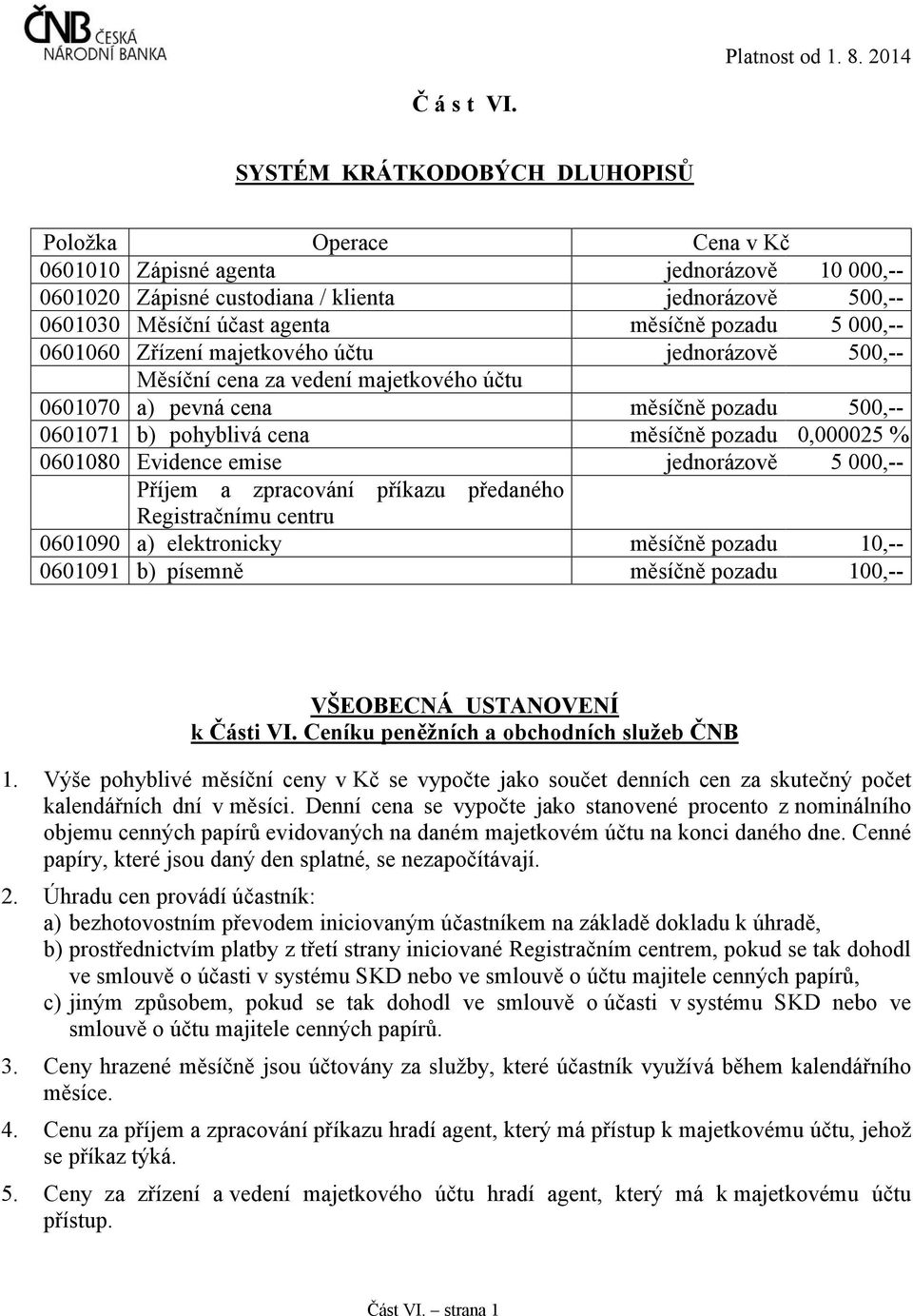 pozadu 5 000,-- 0601060 Zřízení majetkového účtu jednorázově 500,-- Měsíční cena za vedení majetkového účtu 0601070 a) pevná cena měsíčně pozadu 500,-- 0601071 b) pohyblivá cena měsíčně pozadu