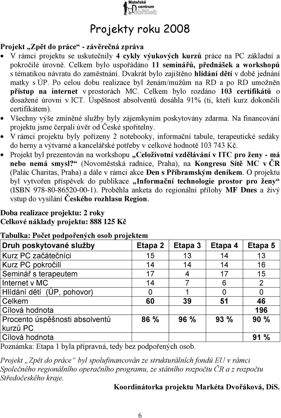 Po celou dobu realizace byl ţenám/muţům na RD a po RD umoţněn přístup na internet v prostorách MC. Celkem bylo rozdáno 103 certifikátů o dosaţené úrovni v ICT.