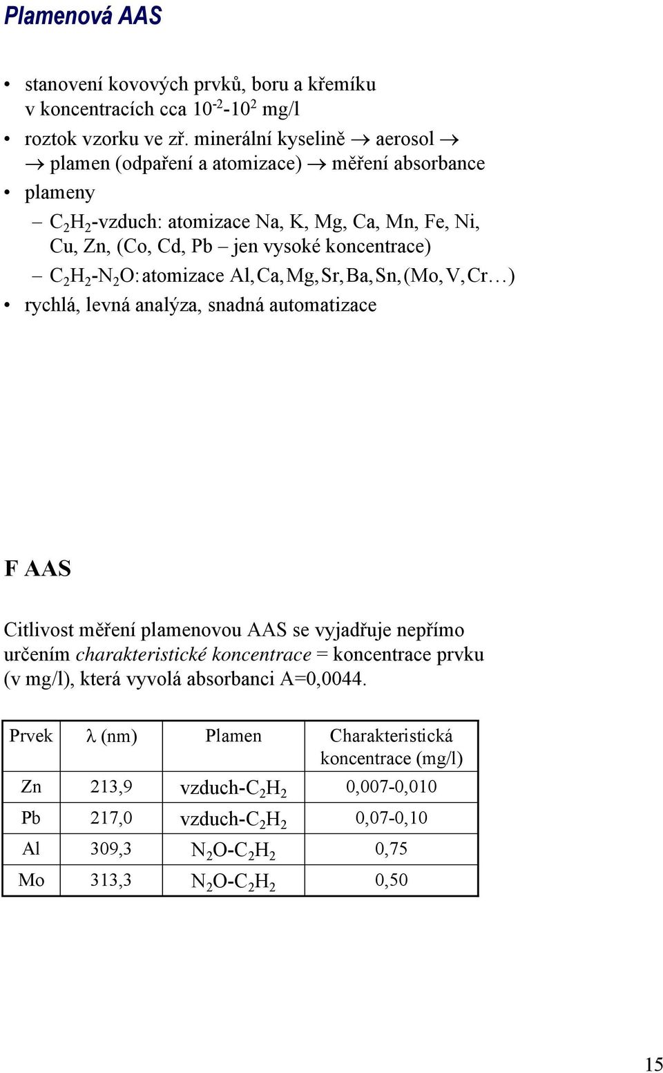 2 H 2 -N 2 O:atomizace Al,Ca,Mg,Sr,Ba,Sn,(Mo,V,Cr ) rychlá, levná analýza, snadná automatizace F AAS Citlivost měření plamenovou AAS se vyjadřuje nepřímo určením charakteristické